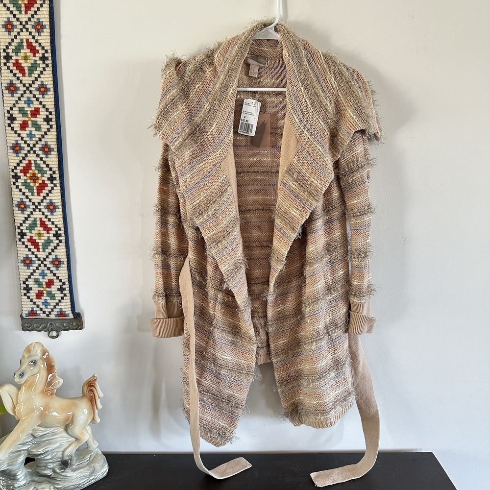 VTG Y2K New Fuzzy Pink Beige Belted Cardigan Medium Love21 Festival Hippie Fairy